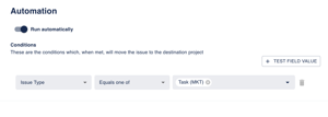 Rules can optionally have automation. The automation specifies the conditions that must be met for an issue to be moved. When a work item is changed and it meets the conditions, then it's moved to the target project