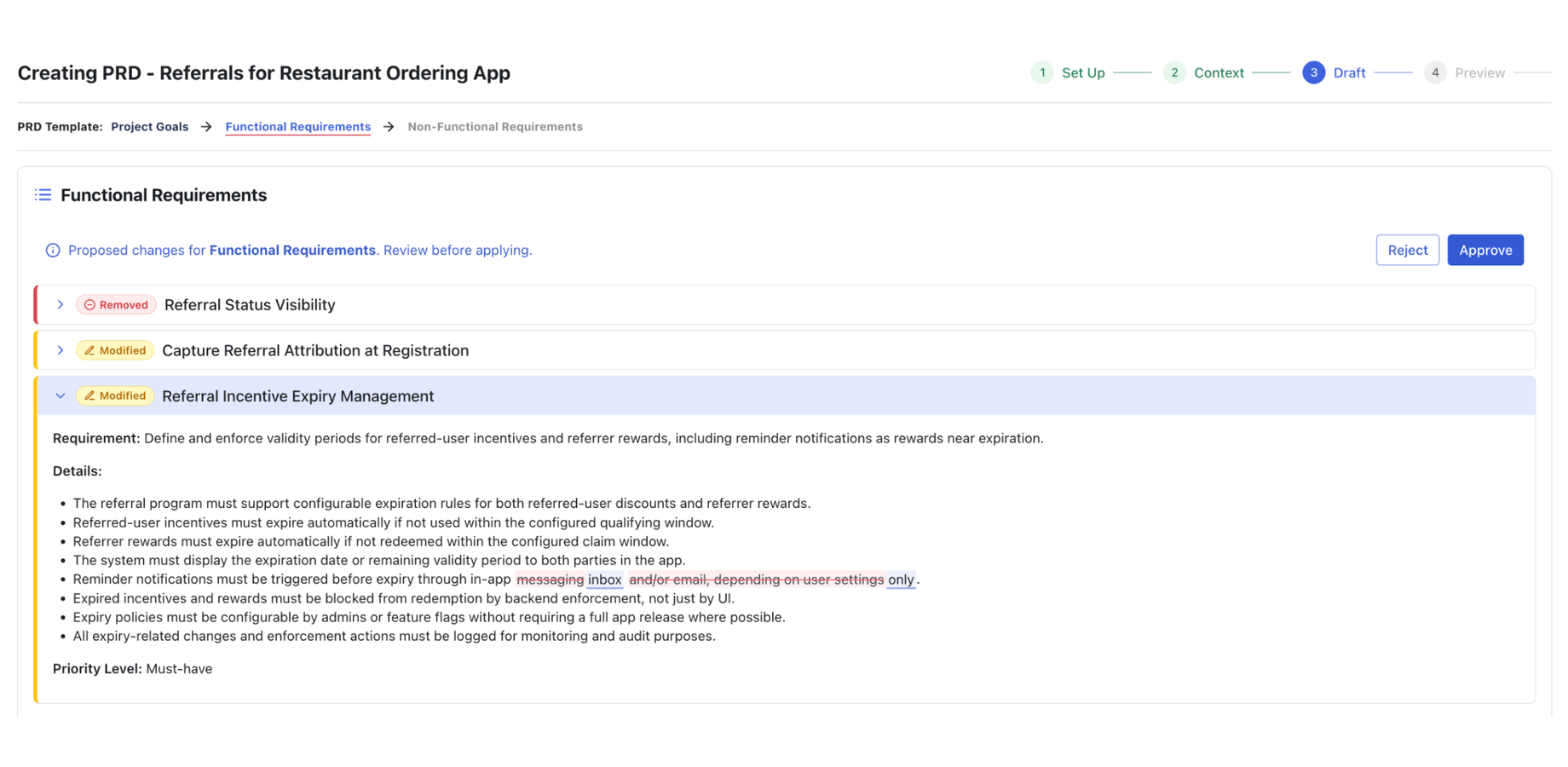 A refined section shown as a diff: removed text struck through, added text highlighted, with Approve and Reject for each change.