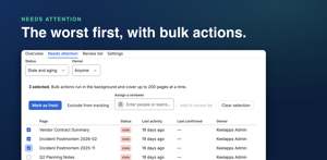 The Needs attention list: stale and aging pages with their last activity and owner, filters by status and owner, and checkboxes for acting on whole sections at once.