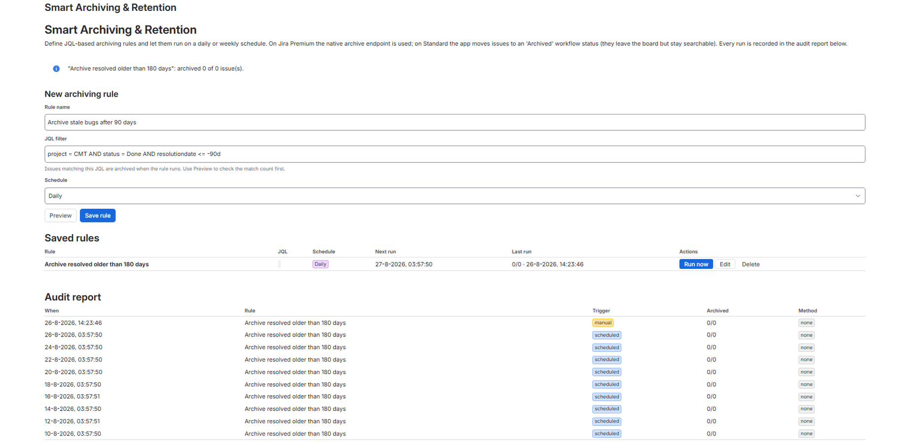 The audit report distinguishing a manually triggered run from the regular scheduled ones.