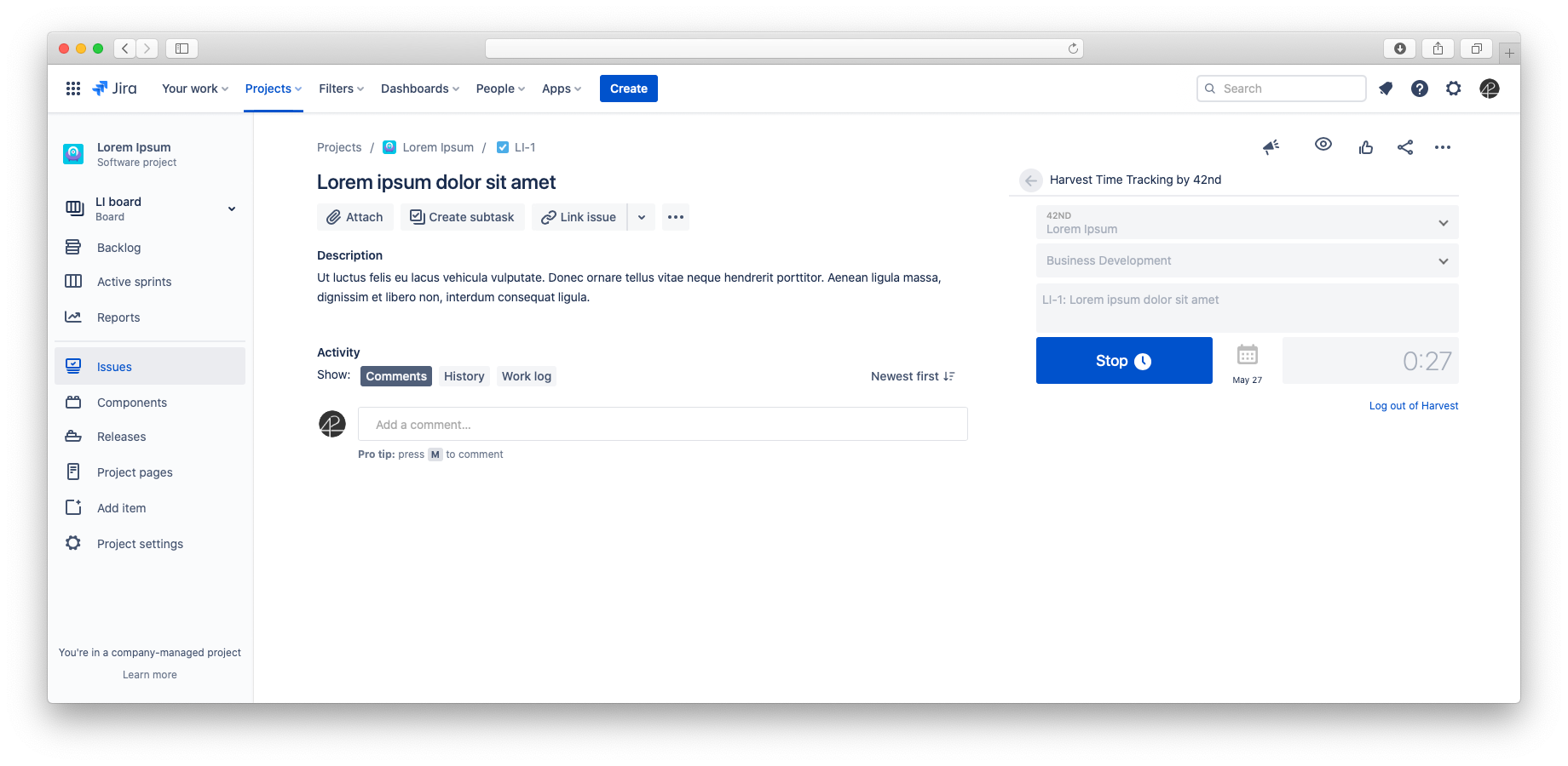 Havest timer running from the JIRA issue sidebar. JIRA worklog will be update when timer is stopped.