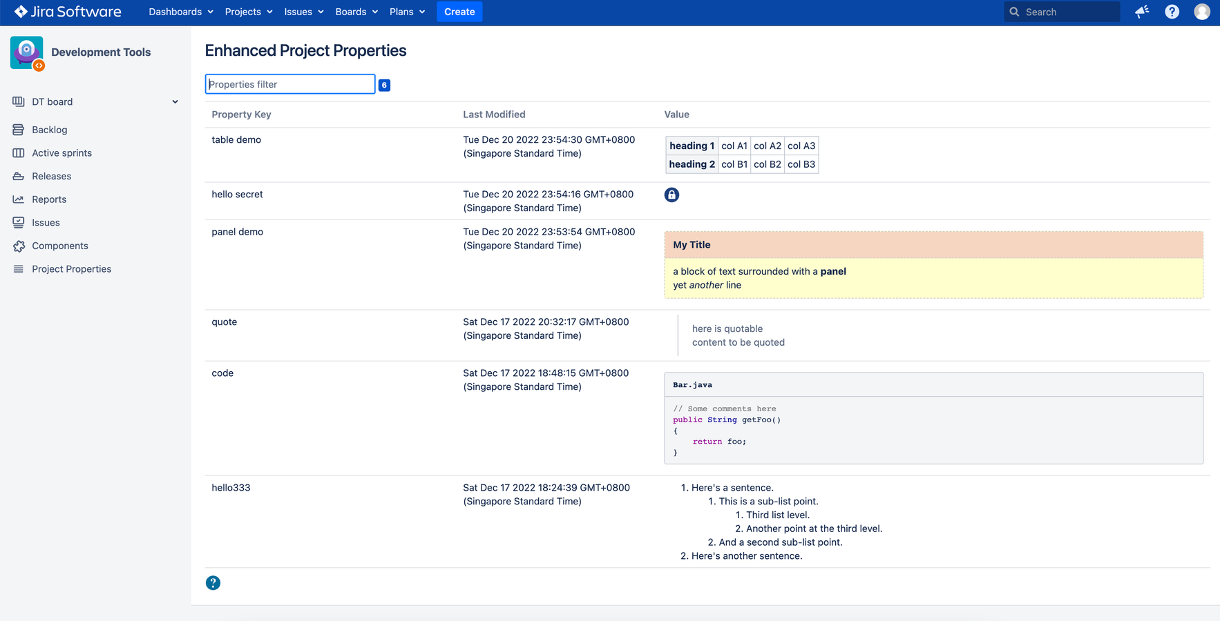 Project Properties Summary