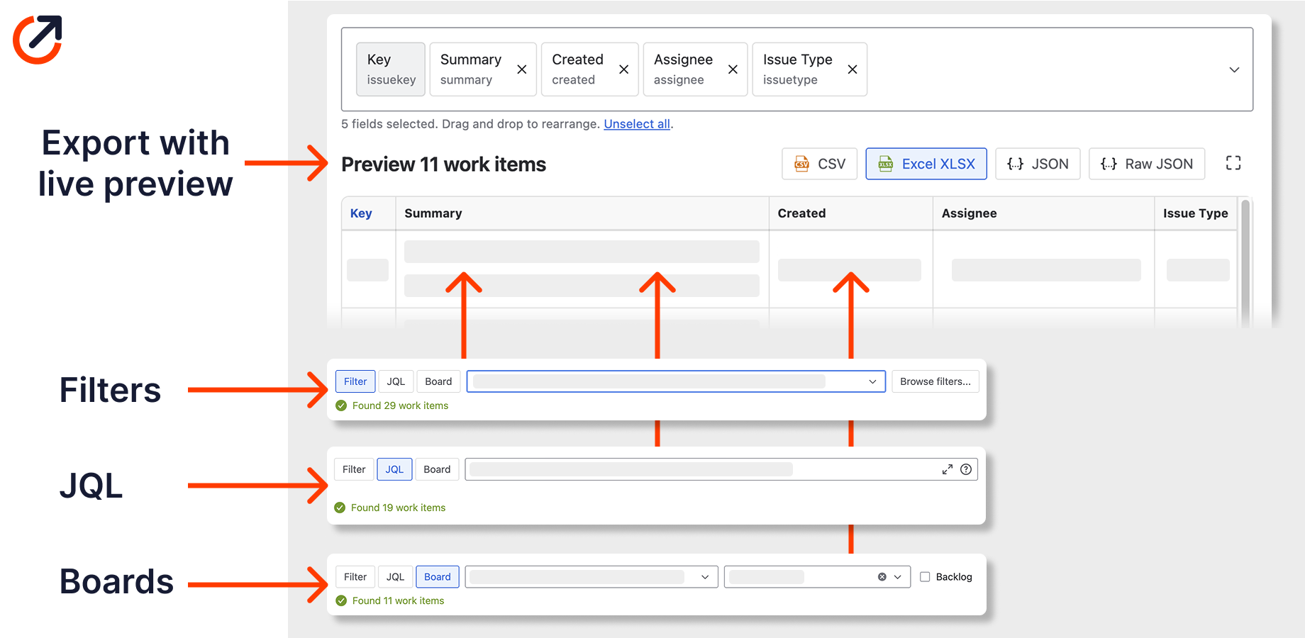 Live preview for work items from filters, JQL queries or boards