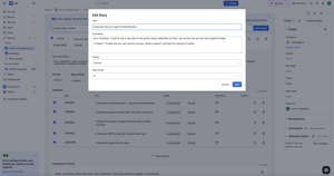 Edit Story modal where teams refine title, description, priority, and story points before saving changes to the generated backlog