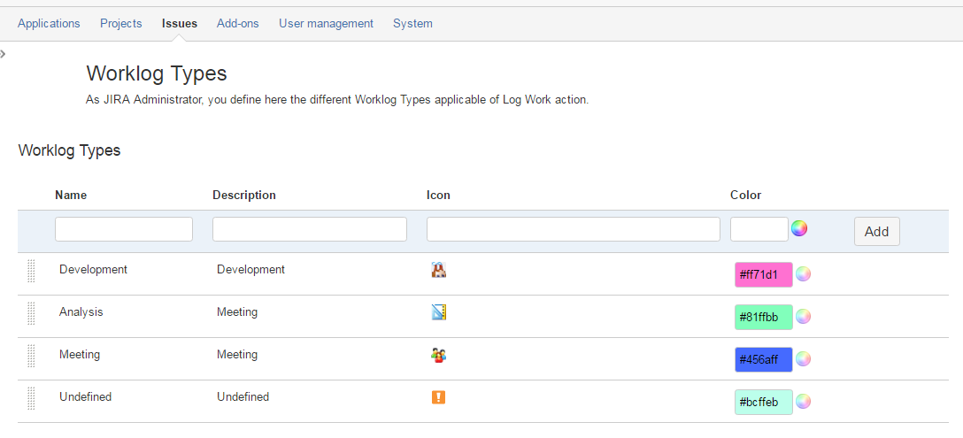 Worklog Types Management Configuration