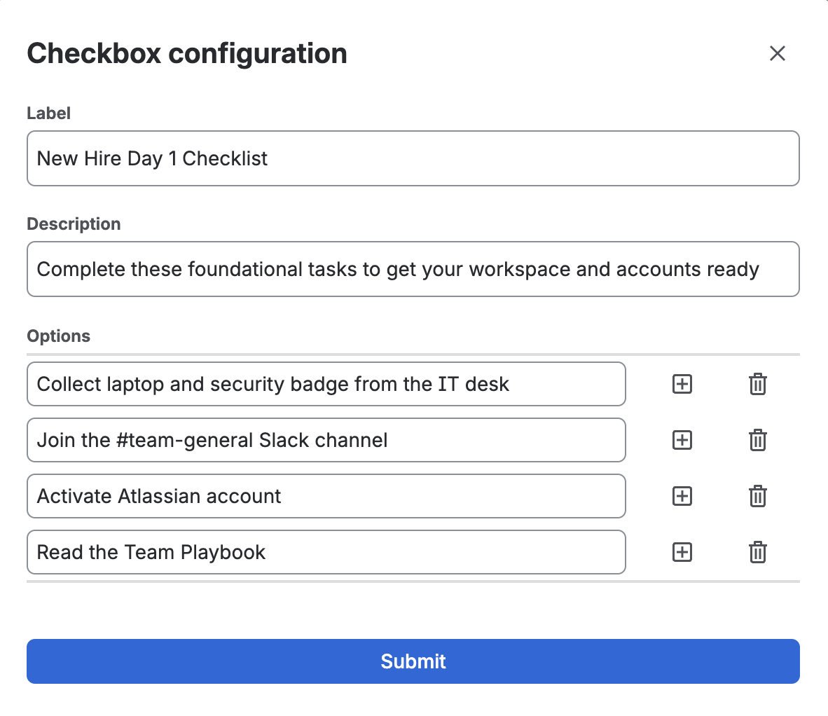 Customize your checkbox group and helper text through a simple, dedicated editor window.