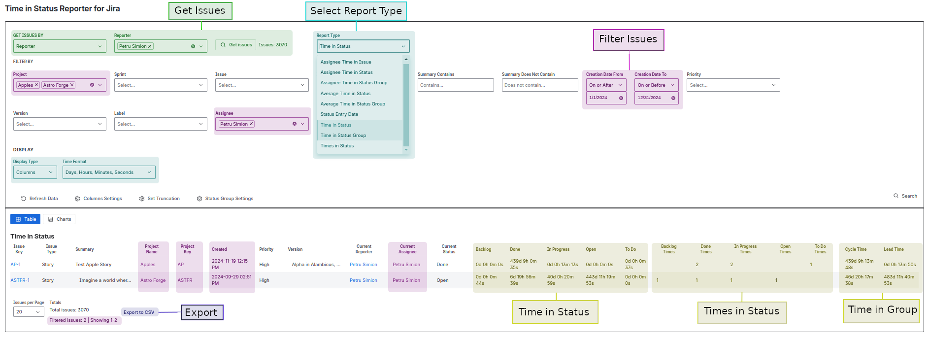 Select a report type to view Time in Status, Times in Status, averages, assignee-based metrics, or status groups — all calculated from the same filtered set of issues.