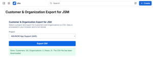 A completed export, showing the real Customer and Organization counts and a plain success message.