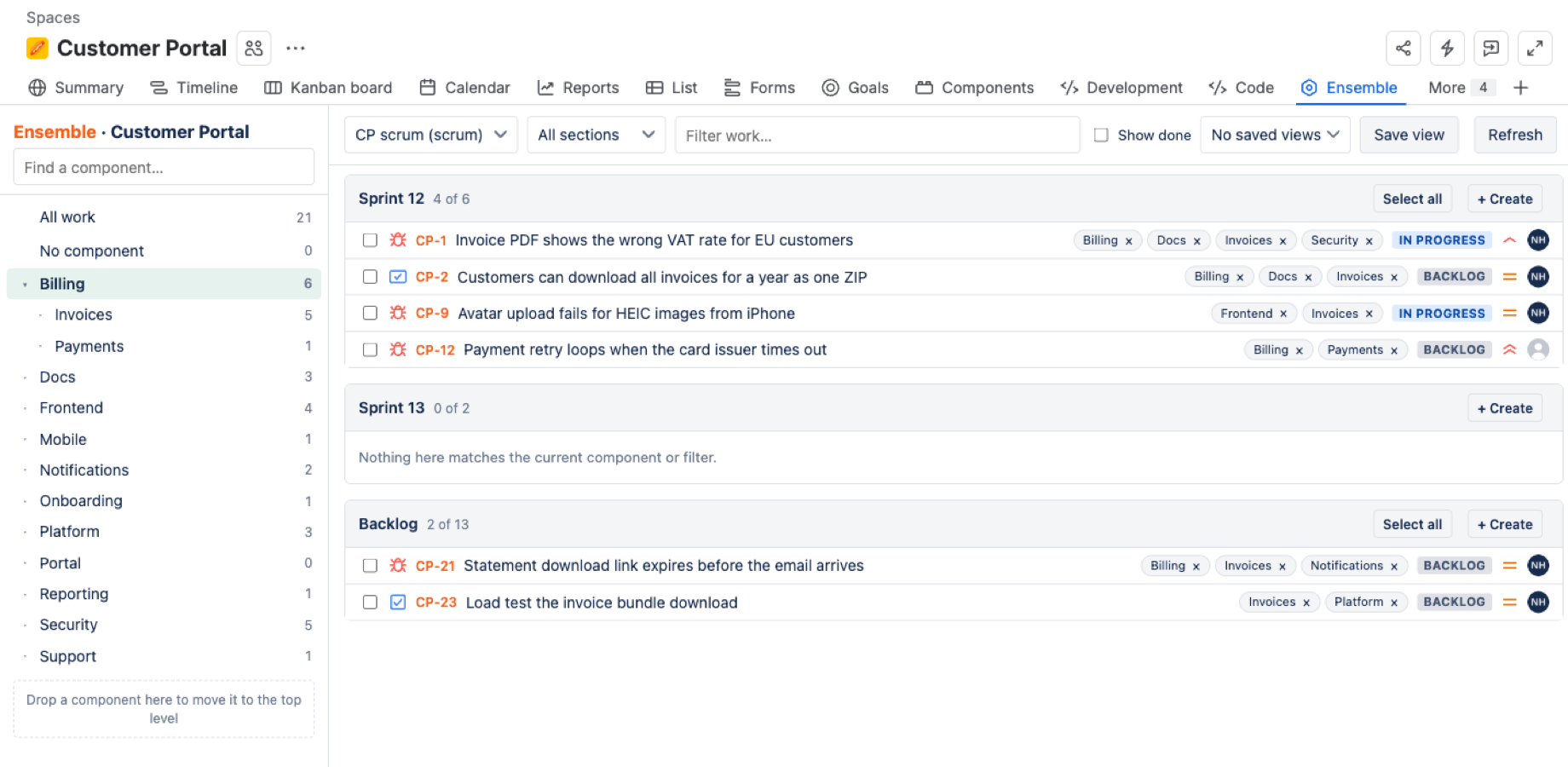 Click Billing to see only its work across the active sprint, future sprints and backlog, then drag items between sections or rank them.
