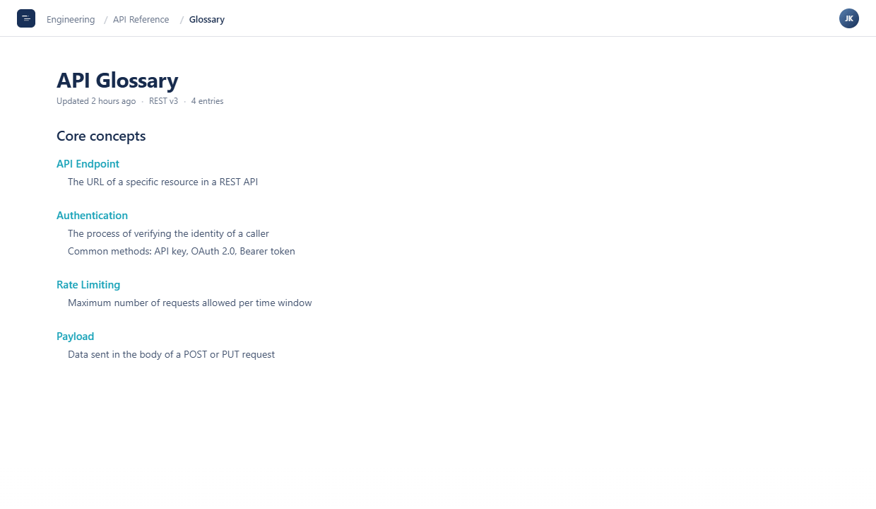 'API Glossary' as an example for the definition list rendered in stacked layout.