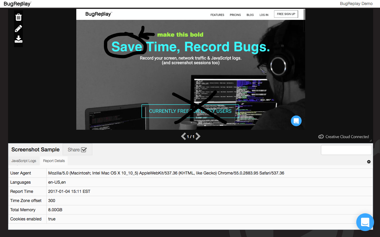 Review your edited screenshot(s), any available JavaScript Logs and other report details.