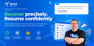 Restore exactly what you need in Jira Cloud with Revyz: granular point-in-time recovery of work items, attachments, projects, pages, configurations, and Assets, plus cross-site restore and migration.