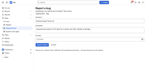 What a colleague opens from your link: project, issue type and routing already set, three short questions left. The issue is filed as them, so Jira's own permissions apply.