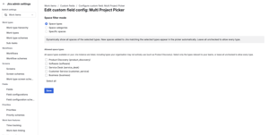 Admins can control which projects appear in the picker by filtering by project type, category, or specific projects.