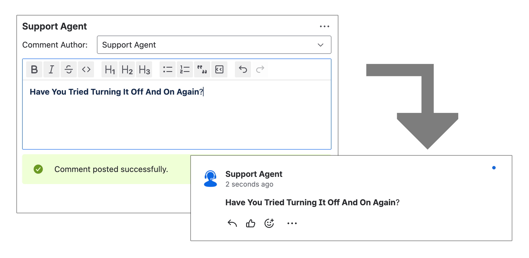 An agent selects the desired comment author and posts a Jira comment under the chosen identity.