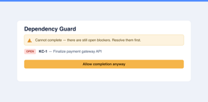 Open blockers prevent completion — with a one-click override option