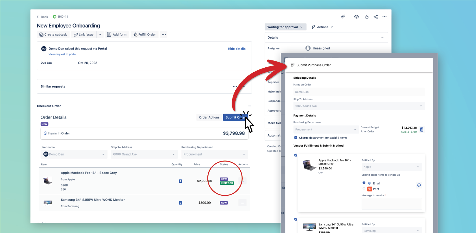 Fulfill asset requests directly from Jira Service Management—either from inventory or by ordering from vendors. Implement approval workflows for spend authorization and monitor budgets by cost center.