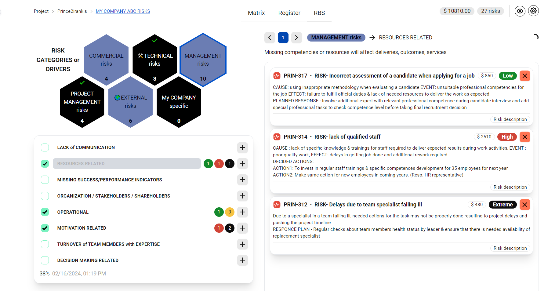 Customizable Risk Categories / Drivers per Project