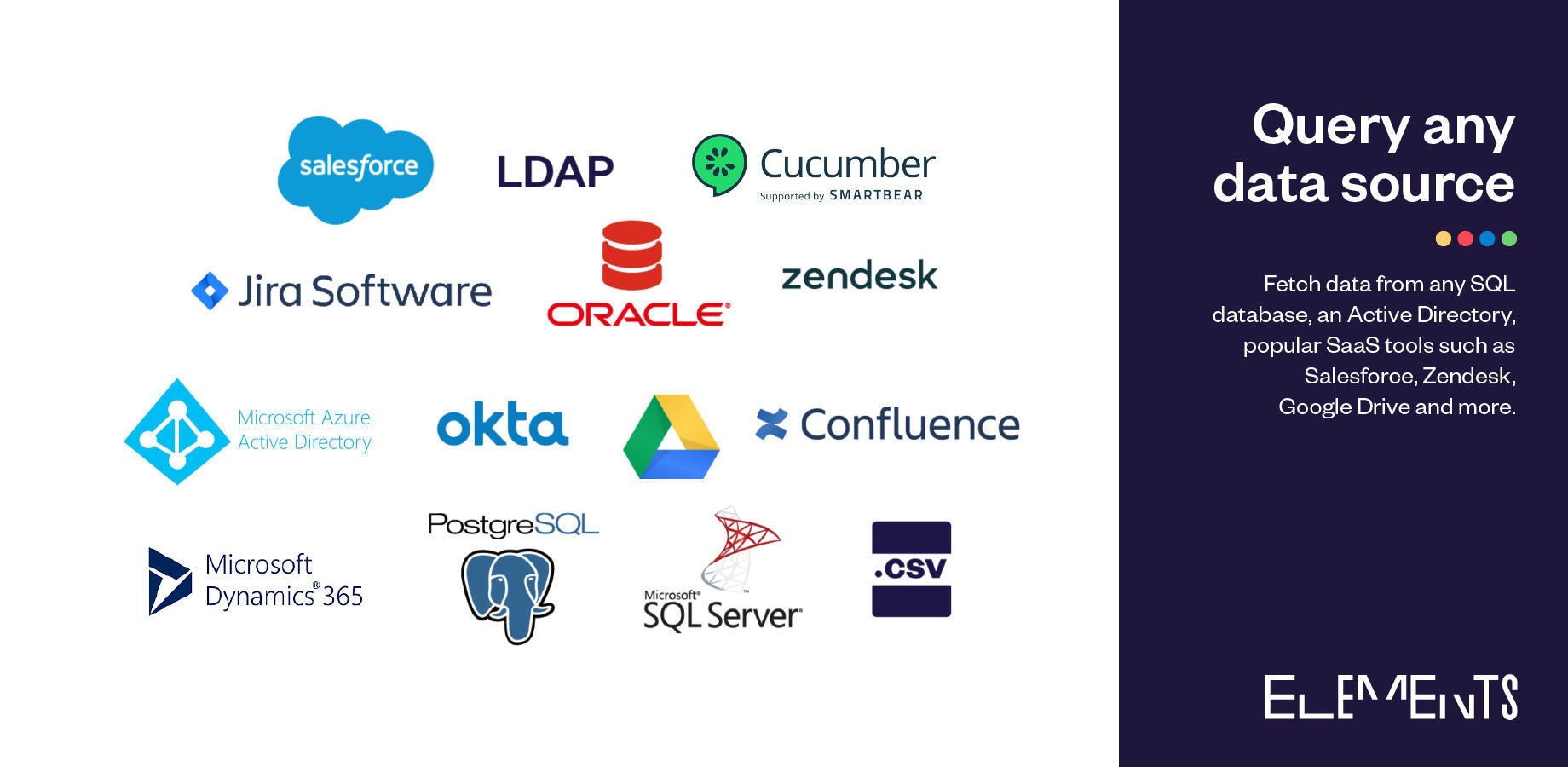 Fetch data from any SQL database, an Active Directory, popular SaaS tools such as Salesforce, Zendesk, Google Drive and more.