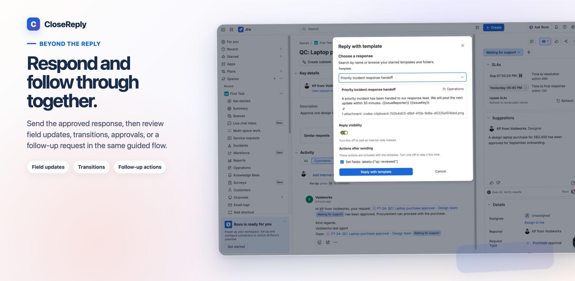 Preview the response, visibility, reusable files, and saved follow-up actions before sending from the Jira issue.