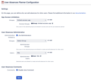 Settings page in Jira system administration to define which users or groups can use the app, set and edit absences for other users. Auto comment feature can be disabled completely.