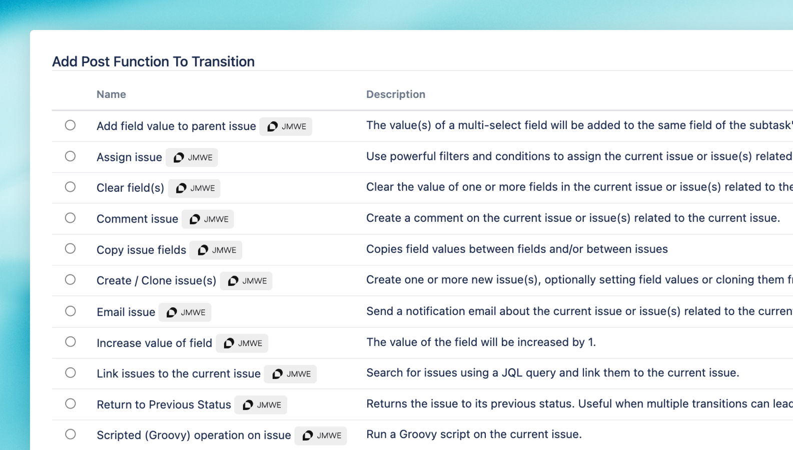 40+ conditions, validators, and post functions let you quickly build sophisticated workflows without any code. Unlock an unlimited number of use cases.
