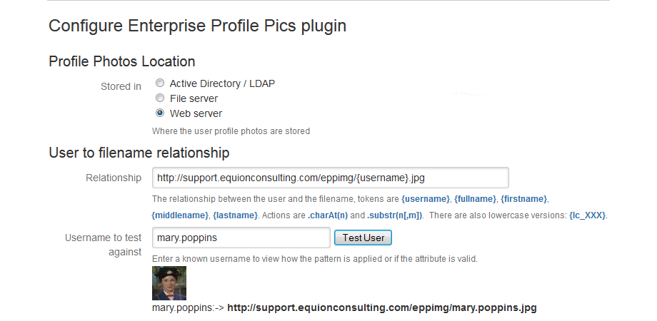 In this screenshot we use a web server to store profile pictures and provide a relationship, mapping Mary Poppins' username (mary.poppins) onto the correct image file name on the web server.