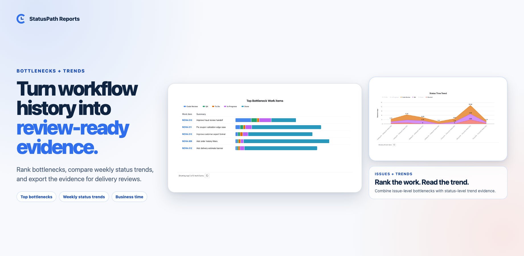 Use business-hour calendars, bottleneck and trend charts, dashboard and issue views, then export CSV or XLSX for retrospectives, delivery reviews, and stakeholder updates.