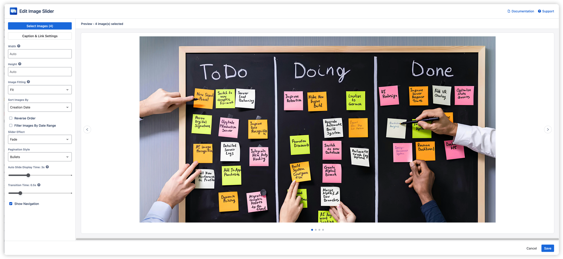 The editor panel shows a full-size live preview alongside all configuration controls. Left/right navigation arrows and pagination dots give an accurate representation of the published slider experience.