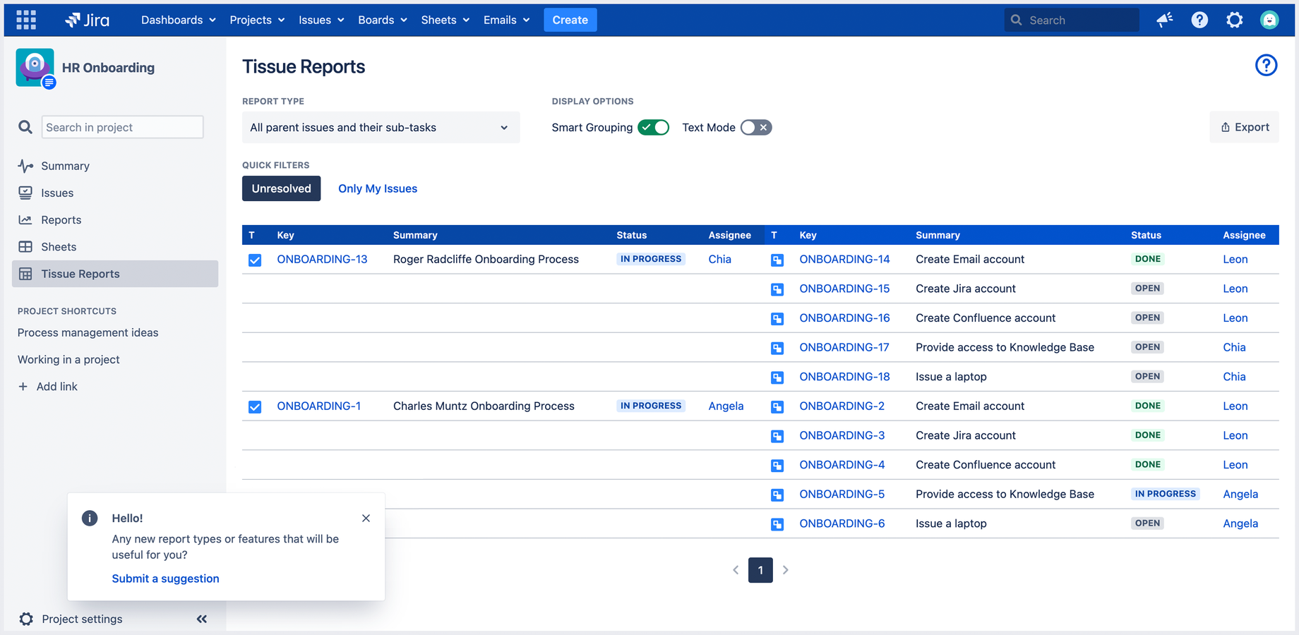 Tissue Reports allows users to view clearly the relationship of the project issues by displaying them side by side in a table.