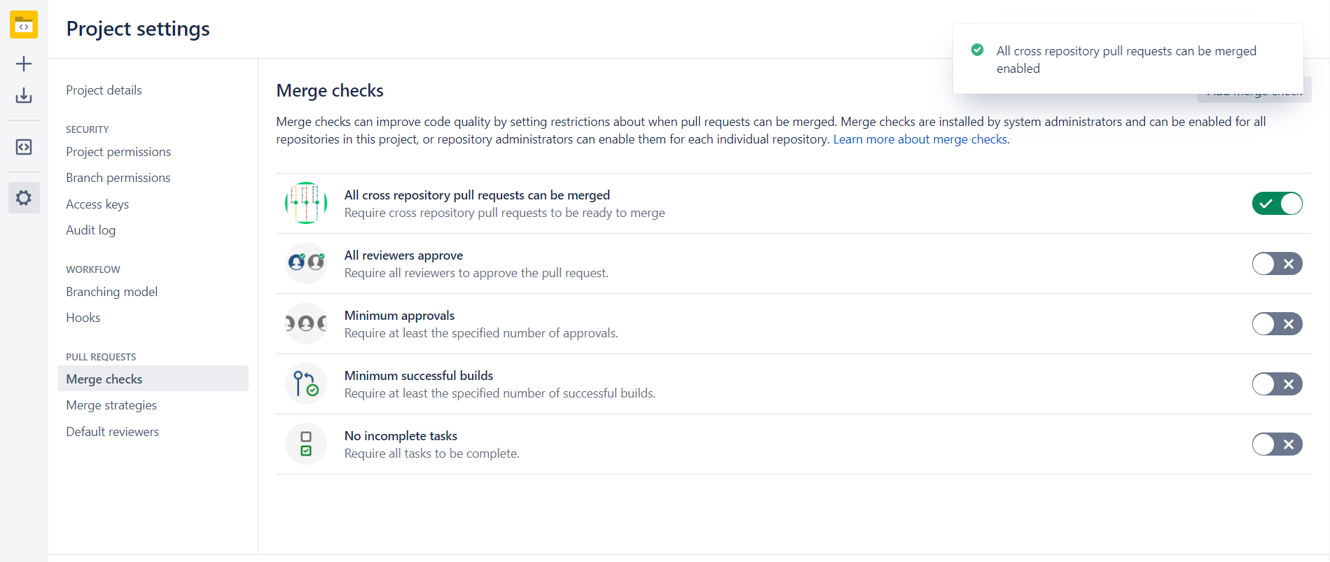 1. Go to project's settings.
2. Select Merge checks and Enable "All cross repository pull requests can be merged".
