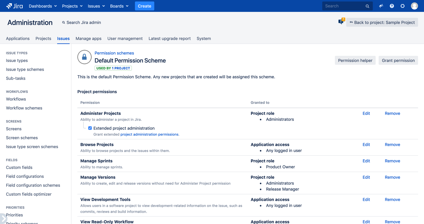 New project permission „Manage Versions“