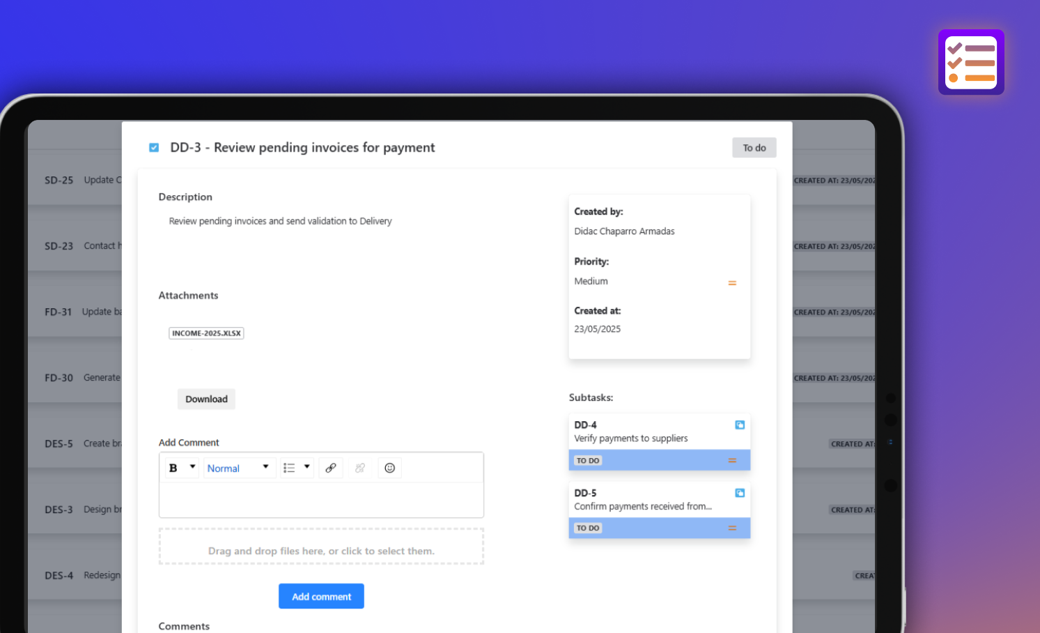 View detailed ticket information, leave updates, and stay in sync with your team. Designed to be simple for non-technical users too.