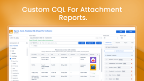 Report on exactly the content you need. Select spaces, narrow to specific pages, and list each item with its ID, title, type and status in a single table. No CQL needed; the preview updates as you go.