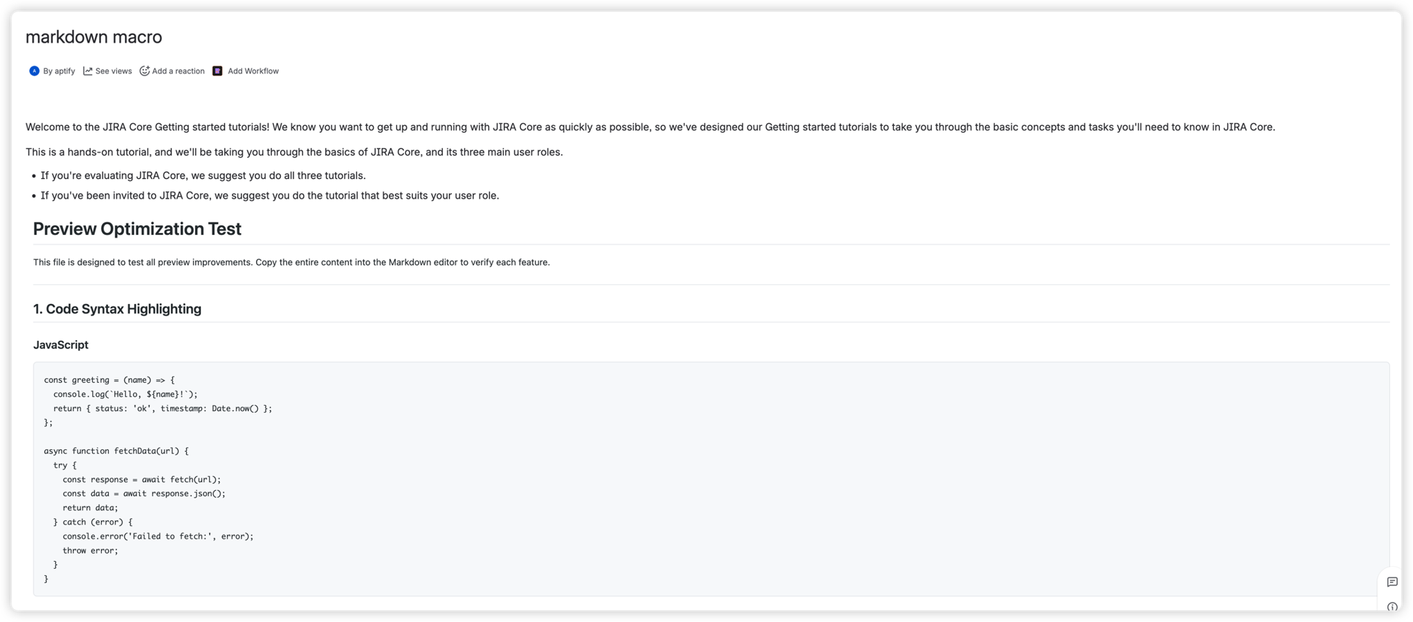 After saving, your Markdown content appears on the Confluence page with professional formatting, including clean headings, structured lists, and properly rendered code blocks.