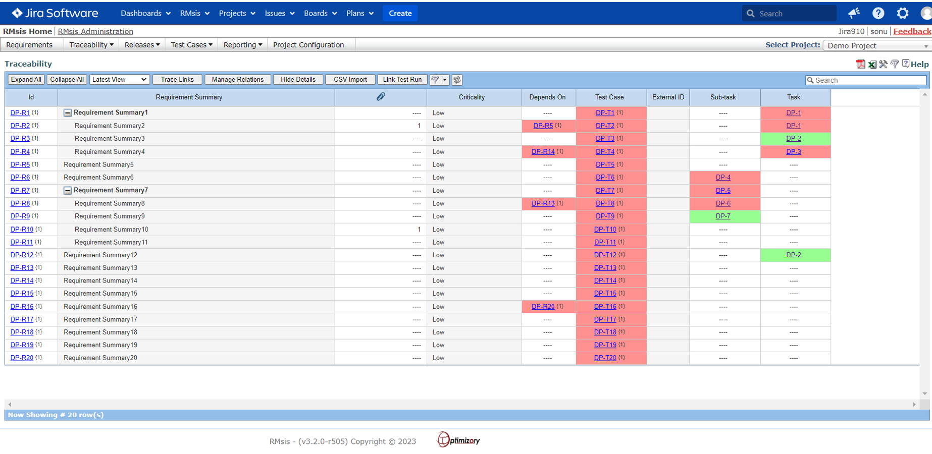 This screenshot shows traceability between requirements, test cases and other Jira issues.