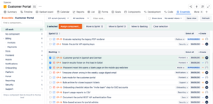 Tick several items to assign a component, clear components, or move them to a sprint in one step. Work items can also be created straight into a section.