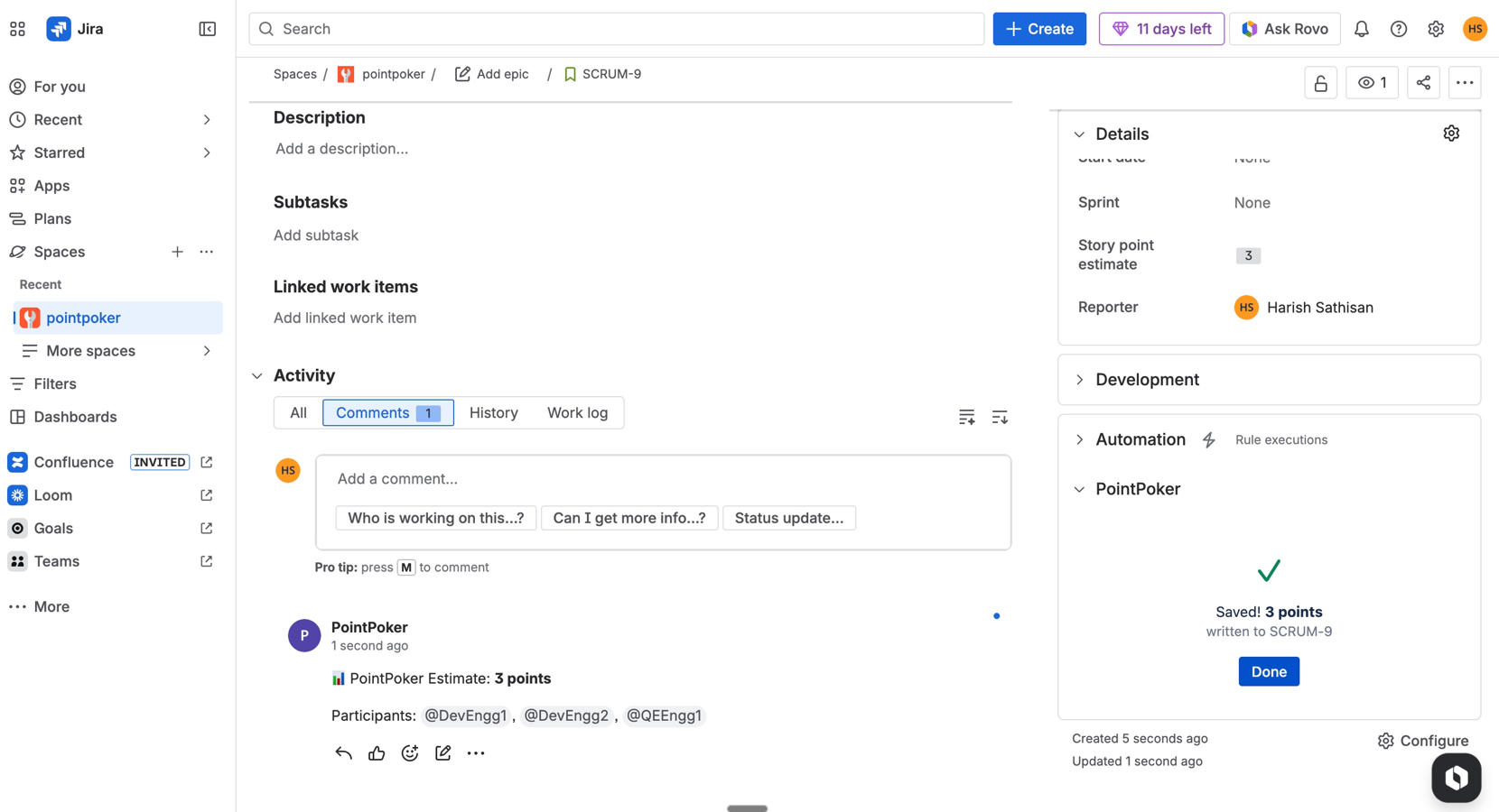 Story points saved to Jira with automatic session summary comment