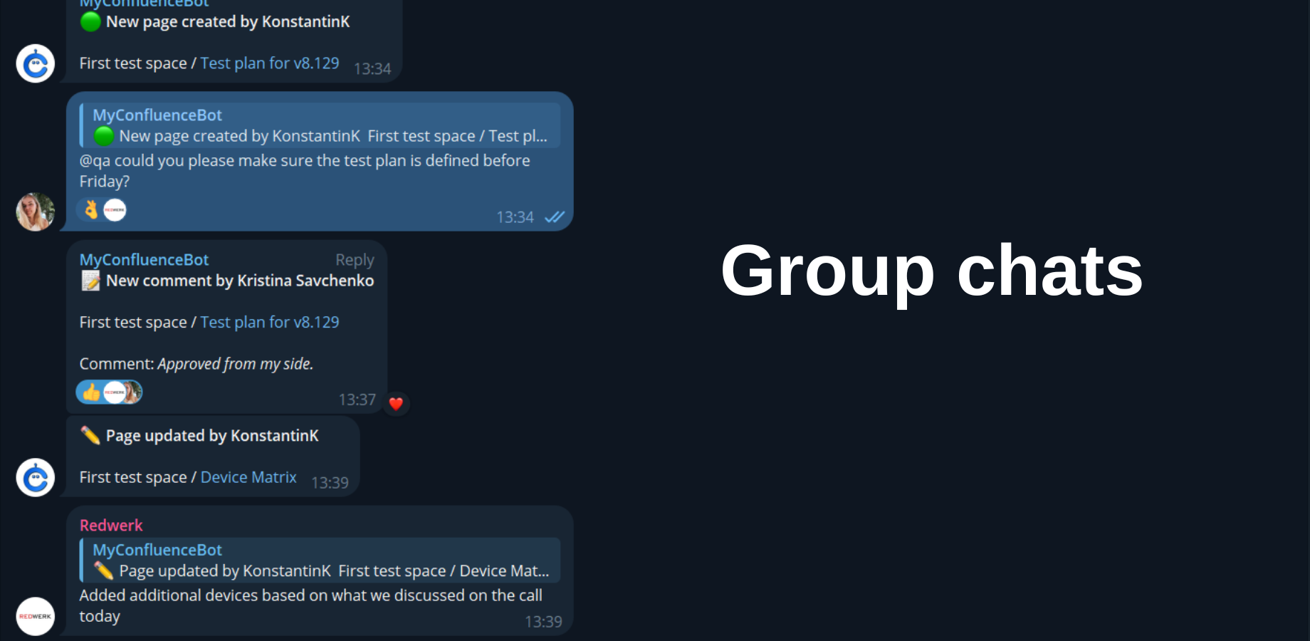 Confluence updates and searches available in personal and group Discord chats for enhanced collaboration.