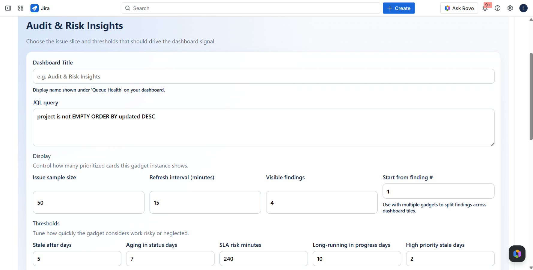 Fine-tune risk detection rules directly within the gadget configuration panel.