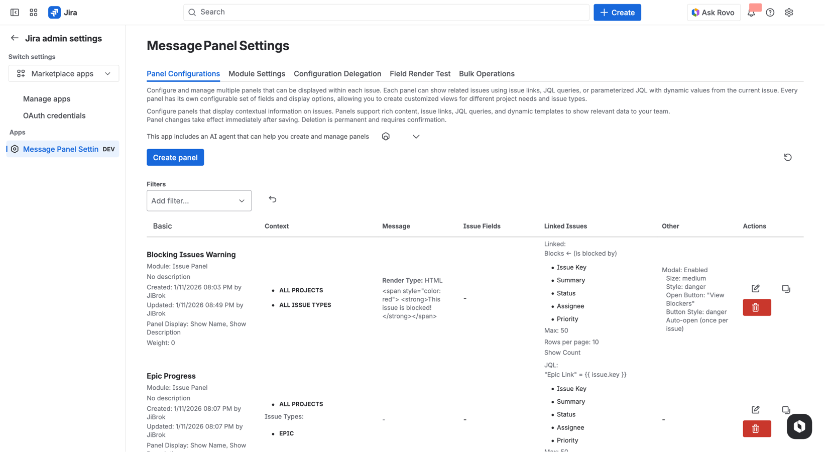Create and manage multiple panel configurations from a single admin page. Set up linked issues, JQL queries, dynamic templates, context filters, and display options. Use the built-in AI agent to help configure panels.