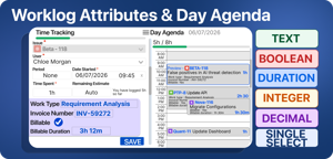 Add custom attributes to worklogs and view your daily work schedule in the integrated Day Agenda.