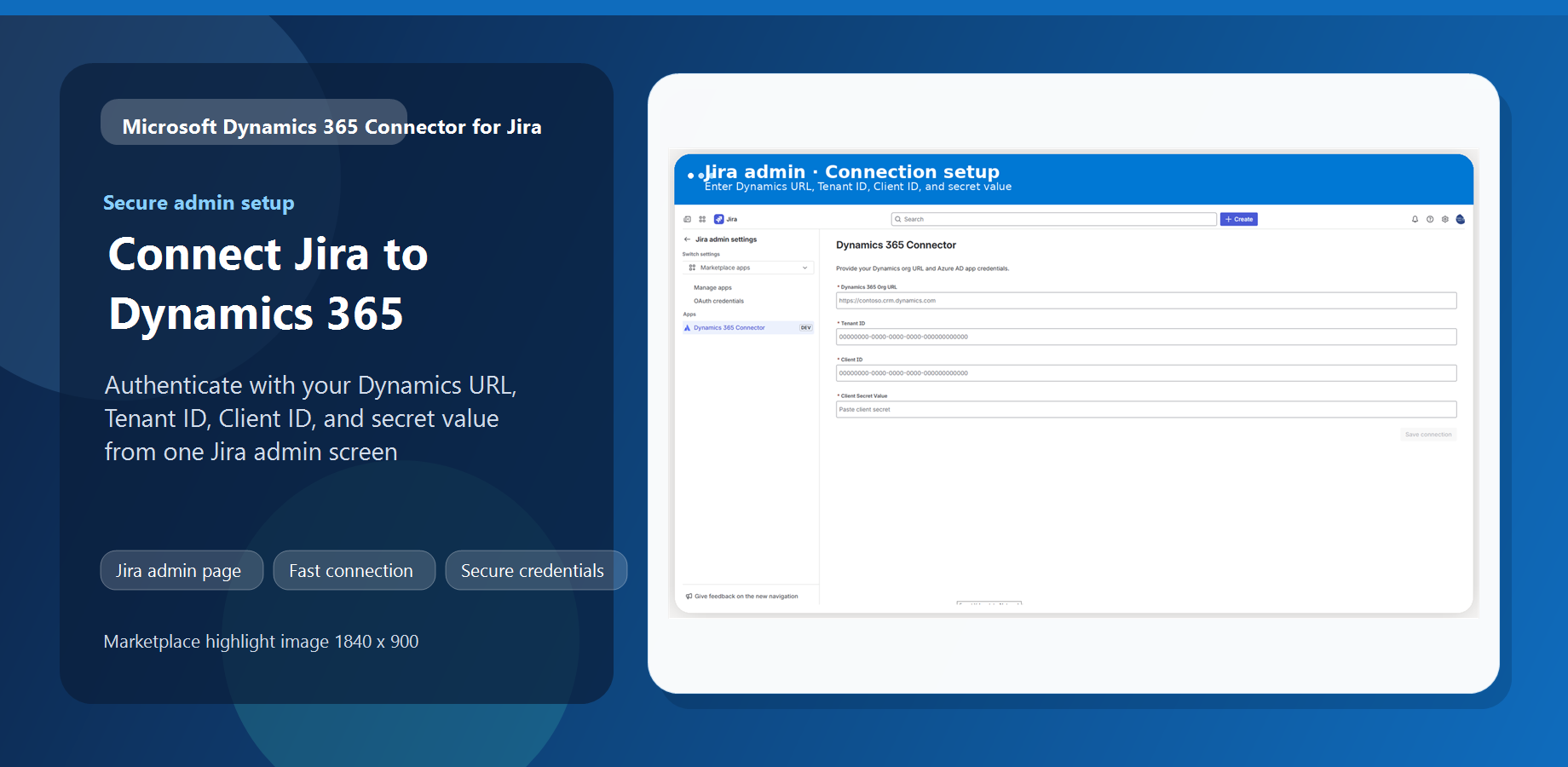 Jira admin connection setup screen for secure Dynamics 365 authentication and metadata discovery