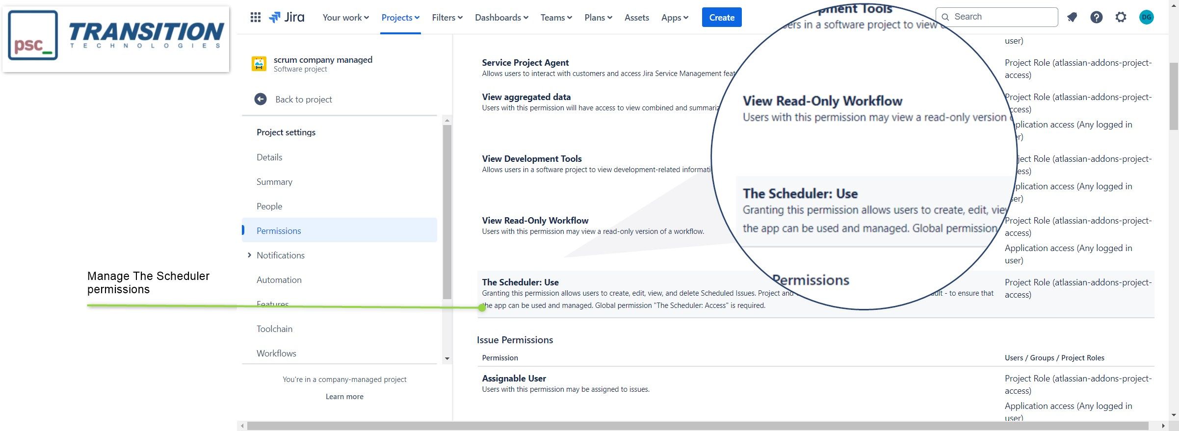 Manage The Scheduler permissions - provide additional access to The Scheduler functionality, separately for each project