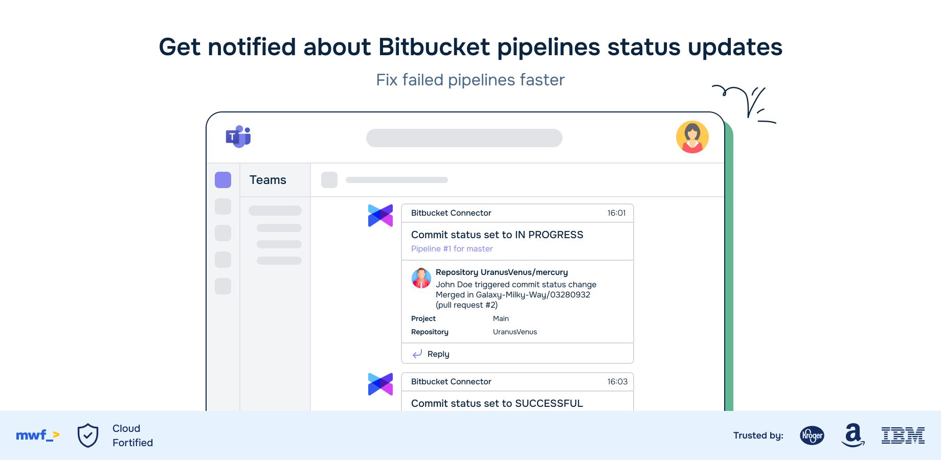 Flexible secure Microsoft Teams Bitbucket Connector.
Secure and reliable Microsoft Teams and Bitbucket integration reduces confusion and improves overall project management.
Rapidly identify and address problems