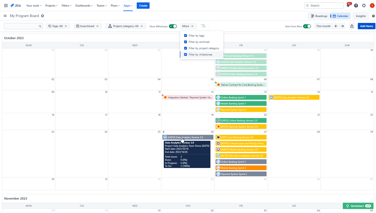Automatically generate Calendar with major deliveries out of versions, epics, sprints or any JQL output. Also track due dates for intermediate milestones. Export to .ics as to import elsewhere.