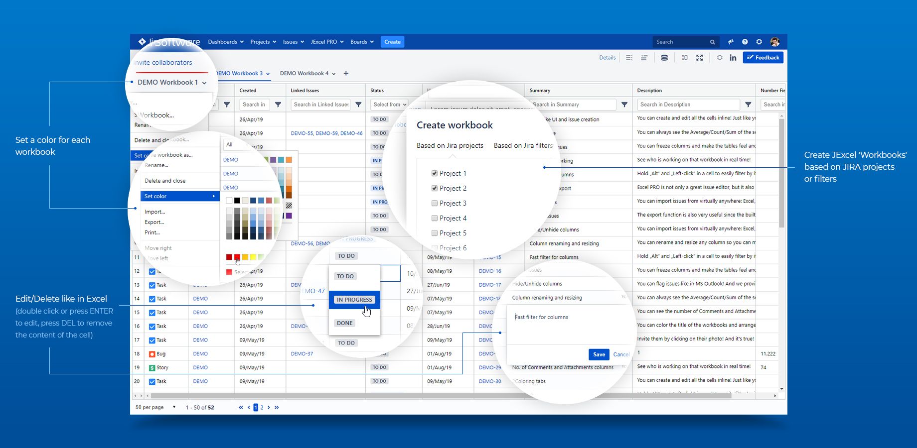 - Create Excel-like views from your Jira projects or filters and share them with collagues
- Create, filter and edit issues like in Excel
- Bulk edit fields with copy / paste
- Numerous custom fields are supported​