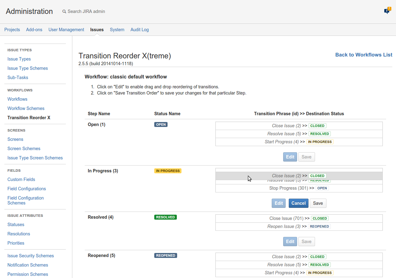 A transition being selected and dragged for re-ordering.