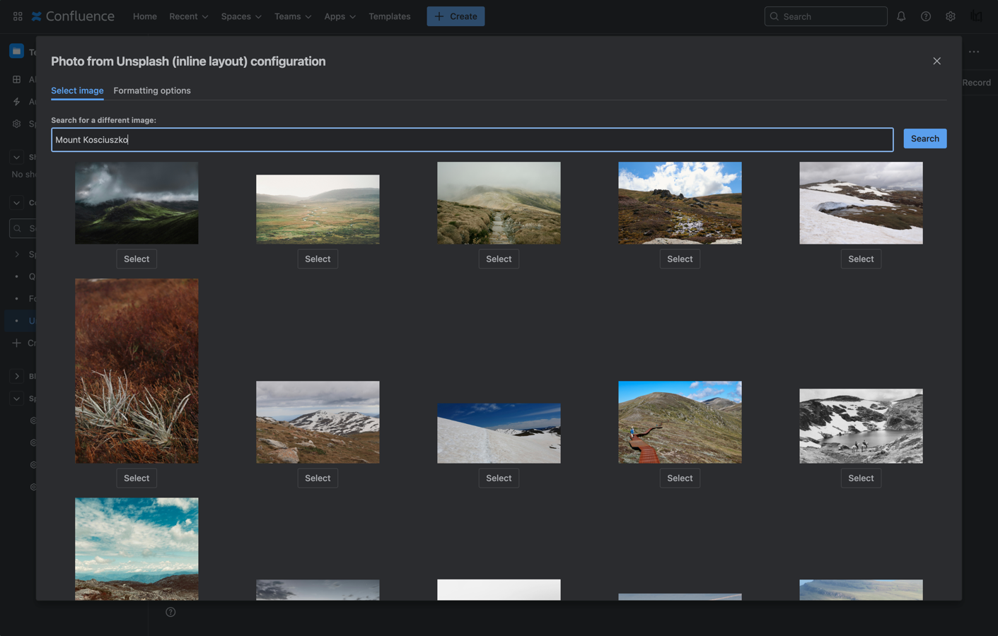 A user-friendly UI within Confluence, showing a simple image search and insertion process with Unsplash images.