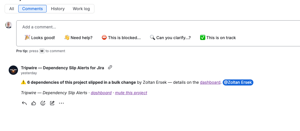 A bulk sprint reshuffle folds into a single summary instead of a flood of comments — the anti-spam design in action.